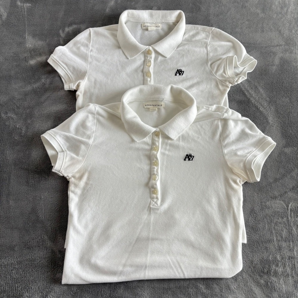 Aeropostale Girls White Polo Shirt Medium A87 Logo Short Sleeve Cotton Lot of 2‎